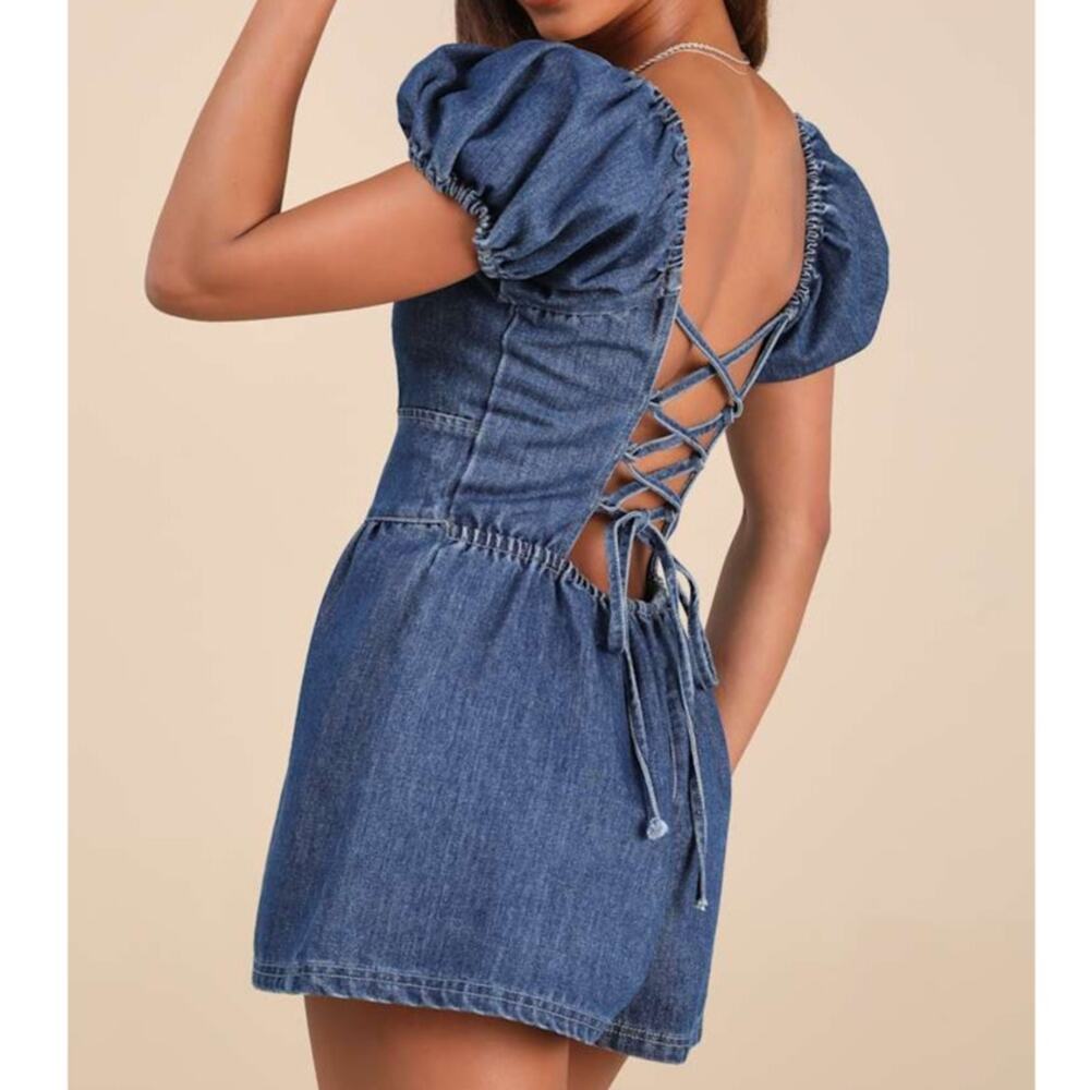 NEW Lulus Feylith Medium Wash Puff Sleeve Lace-Up Open Back Denim Romper Large